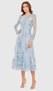 Vestido midi manga larga MAC DUGGAL azul adornado ilusión talla 18 floral - Imagen 1 de 8
