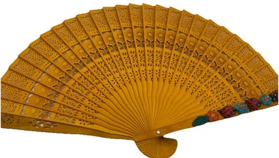Folding Personal Fan Yellow Wooden Ladybug & Flower Accent Pierced Wood - Image 1 of 4