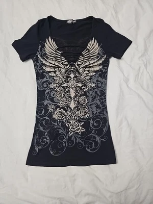 Camiseta Y2K Negra De Colección De LA Cross Roses Gráfico Alado Recortado Estrás Xs-S Foto 1 de 4