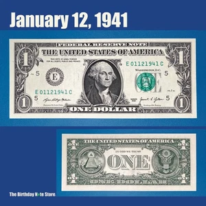 January 12, 1941 Birthday Anniversary $1 One Dollar Bill Serial Number 01121941 - Picture 1 of 2