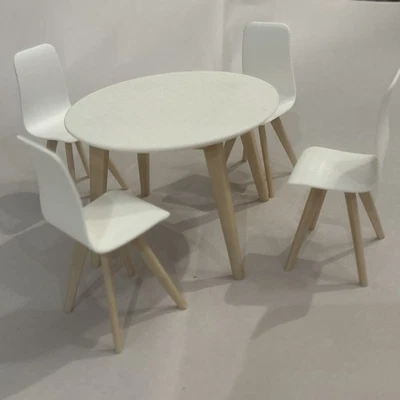 MCM Round Replica Plastic 1:12 Miniature Dollhouse Table w 4 Chairs White &Beige - Image 1 of 4