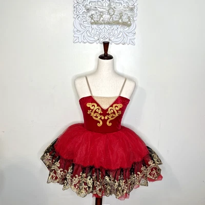 DANSCO MA Jazz Ballet Lírico 3 Piezas Disfraz de Baile Leotardo Tutú Corona ORO ROJO Foto 1 de 4