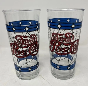 Vintage 1970’s Pepsi Cola Stained Glass Tiffany Style Drinking Glasses Set of 2 - Picture 1 of 7