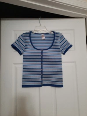 Top de manga corta No Boundaries Juniors grande azul rosa a rayas acanalado elástico Foto 1 de 4