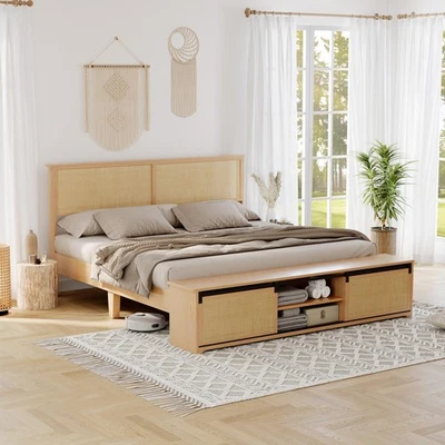 Full Size Bed Frame Boho Wood Platform Bed w/ Sliding Barn Door & LED Headboard - Image 1 of 4