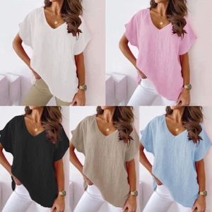 Women Cotton Linen Tops Blouse Ladies Summer Baggy Long Sleeve T-Shirt Plus Si ⁿ - Picture 1 of 19