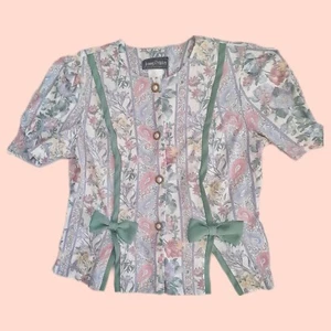 Vintage 90er Jenny Petites Pastell Blumendruck schicke Schleife Button Down Bluse Top - Bild 1 von 4