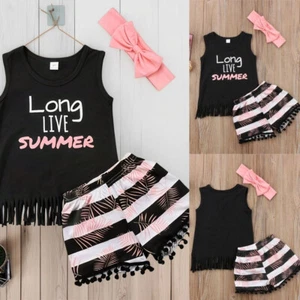 3Pcs Baby Girl Clothes Sleeveless Letter Tassel Vest Top Striped Shorts Headband - Picture 1 of 7