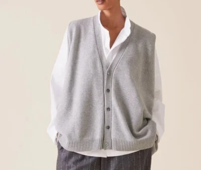 NWT Eskandar SILVER GRAY Mid Weight Cashmere A-line 32" Long Sweater Vest O/S - Image 1 of 4