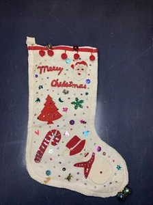 Vintage 1950’s Felt Sequin Hand Made Christmas Stocking Santa Snowflake Snowman - Picture 1 of 21