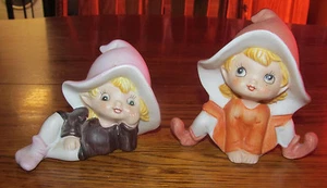 Set of 2 Homco Pixie Elves Elfs Figurines #5213 Ceramic Porcelain - Picture 1 of 5