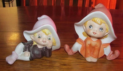 Set of 2 Homco Pixie Elves Elfs Figurines #5213 Ceramic Porcelain - Image 1 of 4