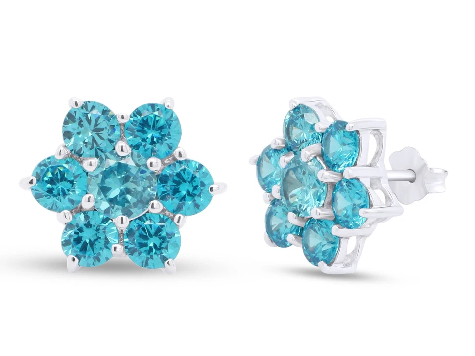 Aretes Flor Corte Redondo Topacio Azul Simulado Chapados en Oro 14K Foto 1 de 4