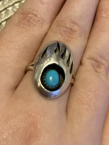 Bear ring bear paw turquoise band size O/P sterling silver womens - Picture 1 of 10