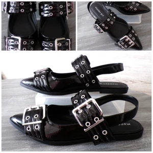 Madden Girl Graya Sling Back Black Flats 9 Faux Crinkle patent leather 2 Buckles - Picture 1 of 11
