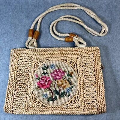 De Colección Artesanal Cartera a Punta de Aguja Bolso de Hombro Cáñamo Yute Años 50 Cuerda Heredera Foto 1 de 4