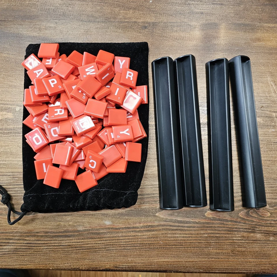 Scrabble Electronic Scoring 100 Red Letter Tiles And 4 Tile Racks OEM  - Image 1 of 4