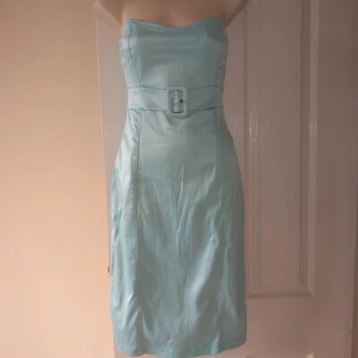 Jane Norman Aqua Blue BodyCon Satin Stretch Dress with Faux Belt UK12 BNWoT - Image 1 of 4