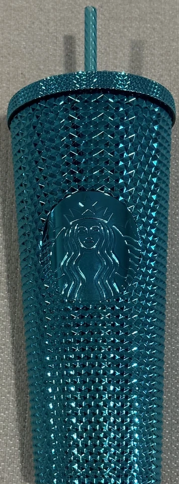 Starbucks Summer 2023 Metallic Chrome Teal Blue Bling Studded 24 & 16oz