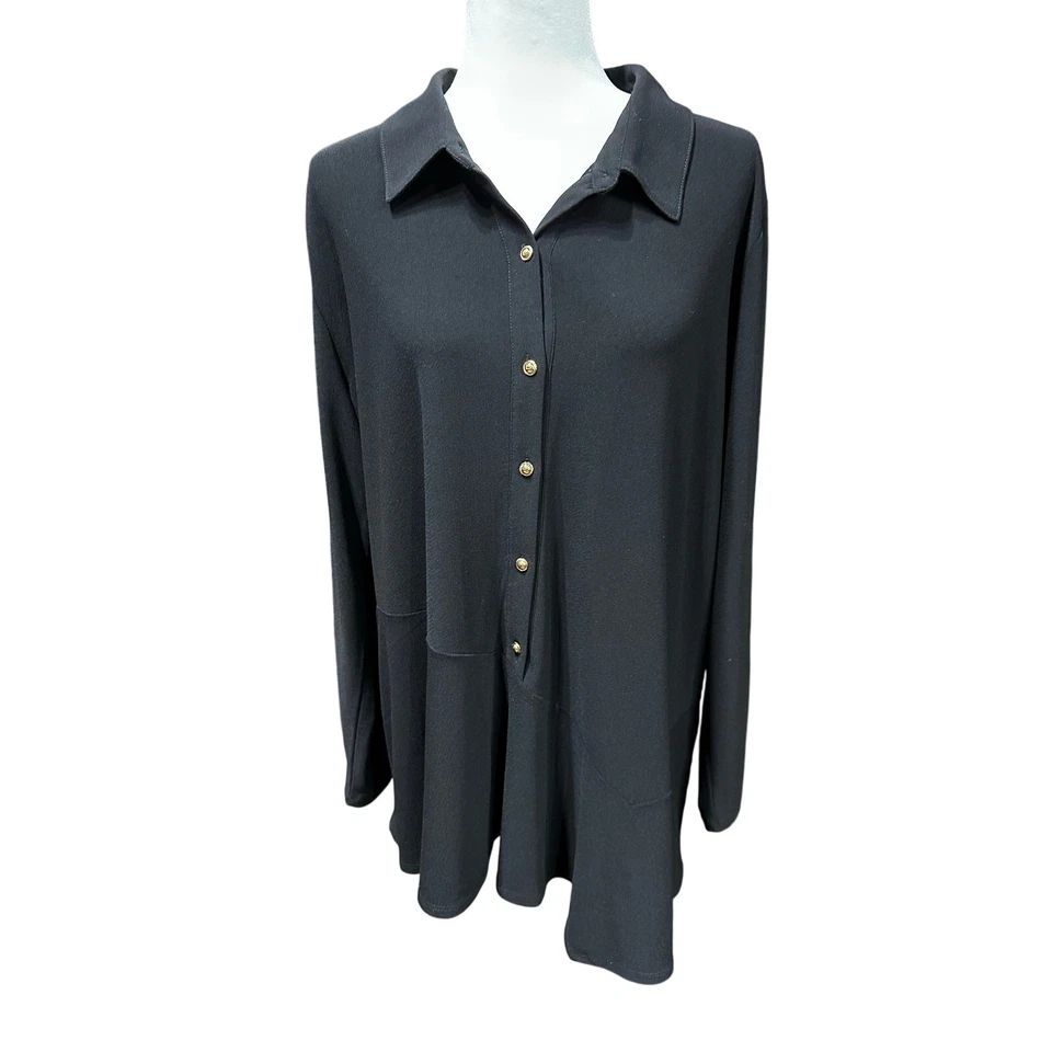 Susan Graver Blouse Liquid Knit Asymmetrical 3/4 Button up Black XL Stretch Flow - Image 1 of 4