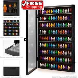 Minifigures Display Case 126 Pcs Toy Miniature LED Solid Wood Black Wall Rack - Picture 1 of 6
