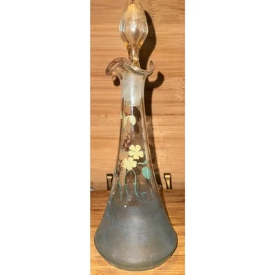 Antique Hand Blown Hand Painted floral Glass Bottle With Stopper 8 Inches - Image 1 of 4