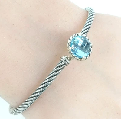 David Yurman Sterling Silver Chatelaine Blue Topaz 3mm Cable Bracelet Medium FZZ - Image 1 of 4
