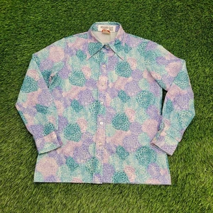 Vintage 80s Floral Disco Shirt Womens S/M 18x24 Blue Purple Pastel USA - Picture 1 of 10
