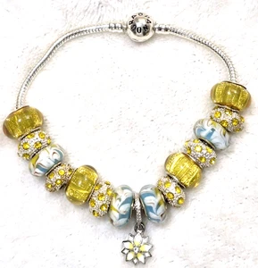 8.3" Yellow Flower Charm Murano Lampwork Glass Beads ~ Spacers  Bracelet - Picture 1 of 4