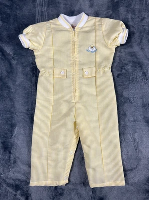 Mameluco a presión amarillo vintage años 80/90 Buster marrón bebé niño 6-9 M pollito bordado Foto 1 de 4