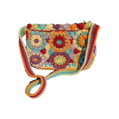 Vintage Crochet Granny Square Floral Handbag Boho Cottagecore Shoulder Bag Beach - Image 1 of 4