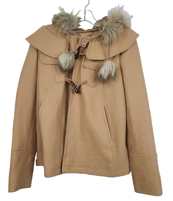 De Colección Juicy Couture Mujer Chaqueta Toggle Pequeña Lana Tostada Imitación Capucha Piel Borde Abrigo Foto 1 de 4