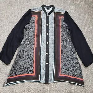 CITRON SANTA MONICA Top Womens Medium Silk Tunic Button up Asian Boho Art Geo - Picture 1 of 15