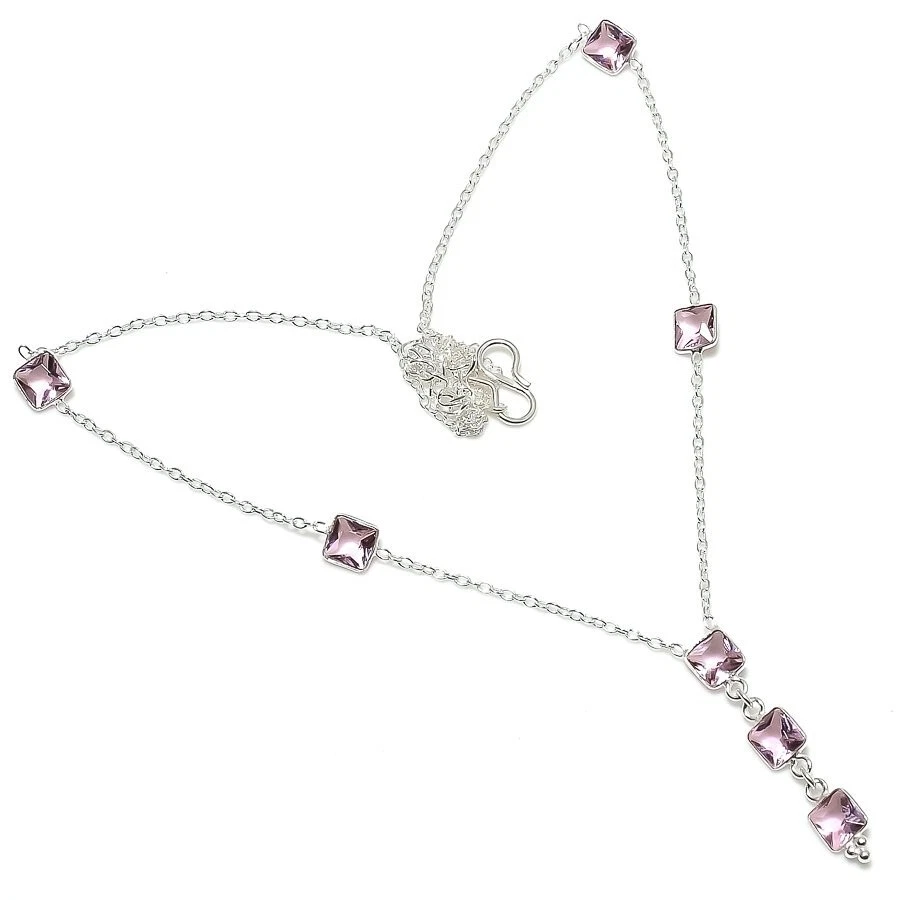 Colar de joias de prata esterlina 925 feito à mão com pedra preciosa rosa kunzita tamanho 18" - Imagem 1 de 1