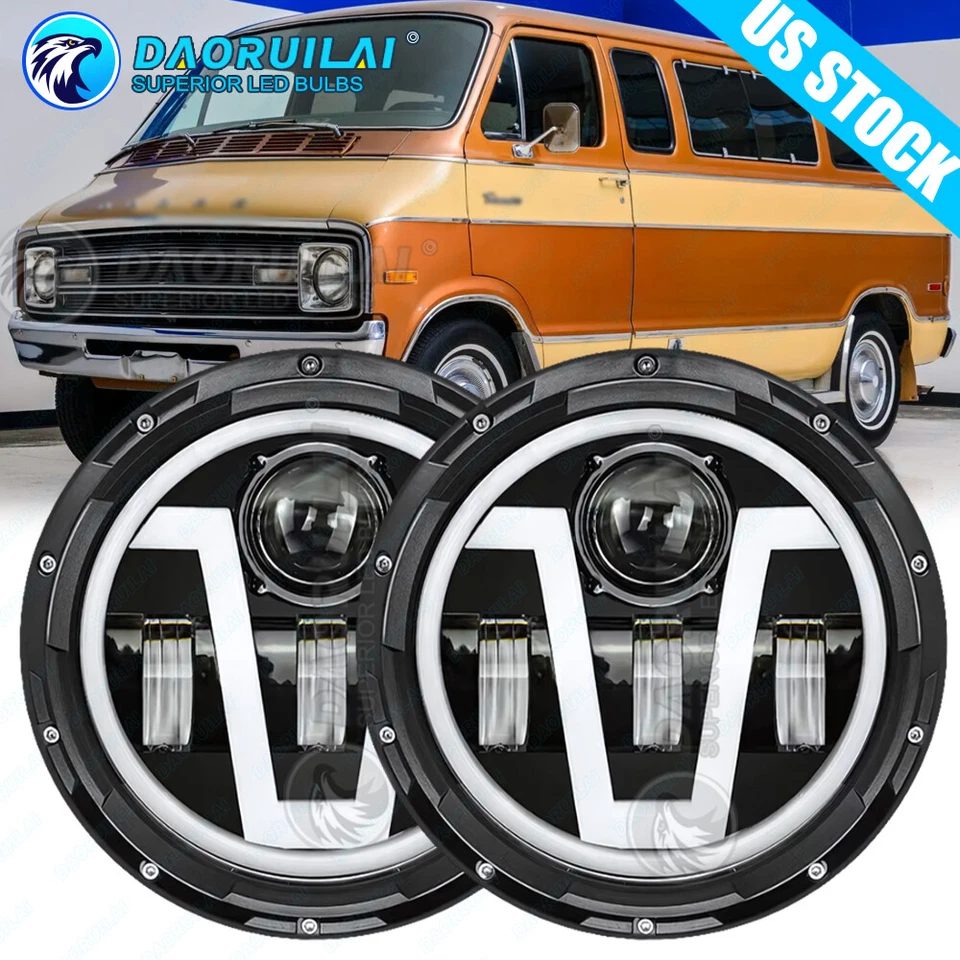 New Fit for Dodge B100 B200 B300 1971-1978 Van PAIR 7" Round LED Headlights Halo - Image 1 of 4