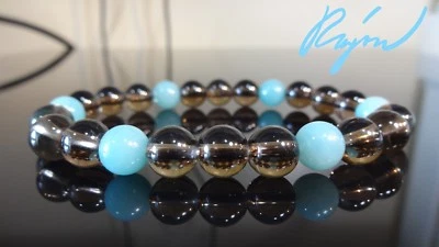 Pulseira de contas de quartzo esfumaçado e amazonita para homens ou mulheres elásticas 8 mm 7,5" - Imagem 1 de 4