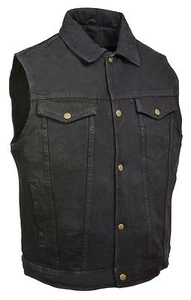 Mens DM1331 Classic Snap Front Black Denim Vest with Shirt Collar & Gun Pockets - Picture 1 of 3