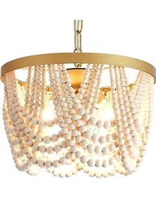 3-Light Boho Wood Beaded Chandelier Light Fixture, Gold and Oak Finish Semi F... - Picture 1 of 10