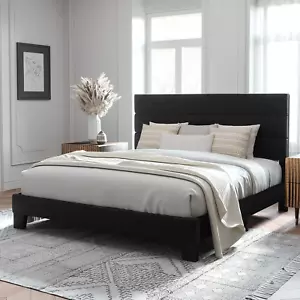 King Size Platform Bed Frame with Velvet Headboard & Wood Slats, No Box Spring N - Picture 1 of 12