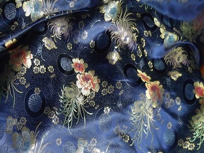 ROYAL BLUE ORIENTAL BROCADE SATIN FABRIC, 96.5 cm, FLORAL, EVENING, NEW, AUST - Image 1 of 4