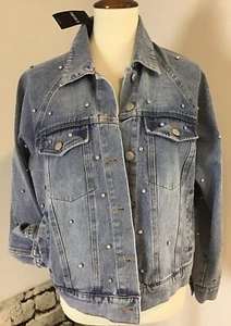 Womens Small Forever 21 Blue Jean Denim Jacket Embellished Rhinestones Studs New - Picture 1 of 6