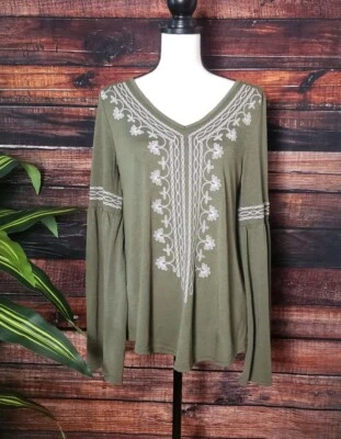 Blusa Camisa Roper Peasant Top Talla Pequeña Bordada Verde Oliva Mangas Acampanadas Foto 1 de 4