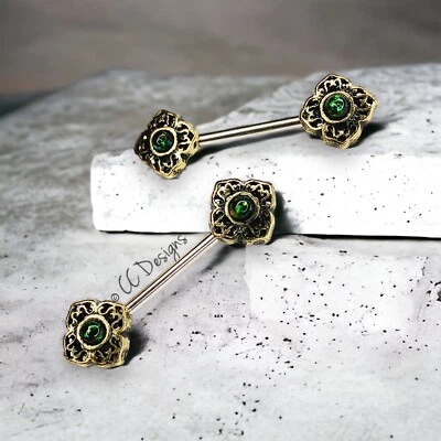 14g Green Sparkle Faux Opal Burnished Gold IP Filigree nipple rings J186 - Image 1 of 3