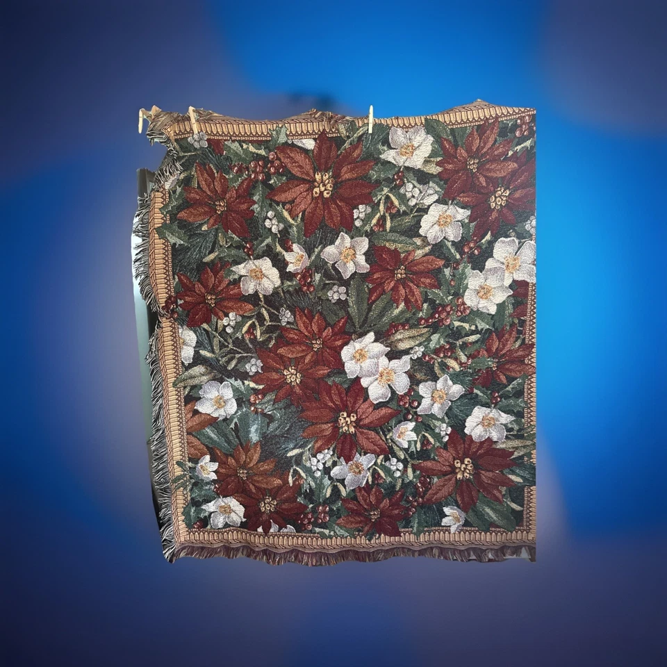 Vtg Poinsettia Tapestry Christmas Throw! 55” X 48” - Image 1 of 4