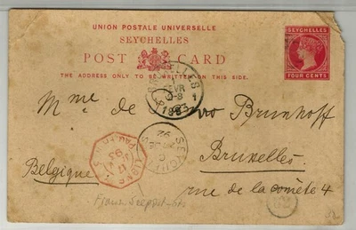 Seychelles 1893 postal usada escasa a Bélgica con múltiples matasellos incluidos Foto 1 de 2