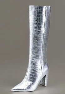Modatope Silver Knee High Faux Crocodile Boots 3.5 Chunky Heel Size 9.5 - Picture 1 of 9