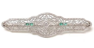 Vintage 14ct White Gold pin Brooch Beautiful Art Deco Emerald + Diamond Set - Picture 1 of 16