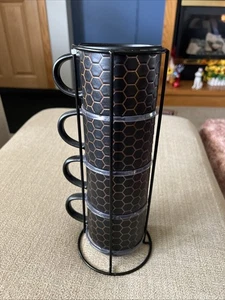 Market Finds Stacking Bumble Honey Beecomb Espresso Coffee Mug Set Wz Rack Stand - Picture 1 of 3