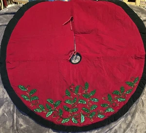 Beaded Sequin Holy Christmas Tree Skirt 54" Round Red Velvet Black Border - Picture 1 of 9