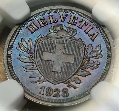 SWITZERLAND 1 Rappen 1928 B NGC MS 66 BN UNC Blue & Purple toning SCARCE TOP POP - Image 1 of 4